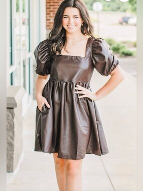 Arula Faux Leather Babydoll Dress Brown Puff Sleeve Square Neck Mini Dress SZ 2X